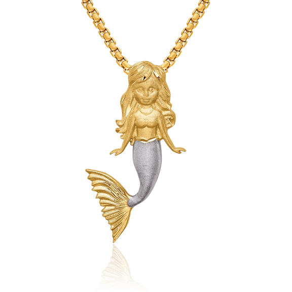 14K Solid Two Tone Yellow White Gold Mermaid Floating Chain Slide Pendant Necklace Charm