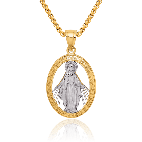14K Solid Two Tone Yellow White Gold Our Lady of Miraculous Medal Blessed Virgin Mary Necklace Chain Pendant Charm