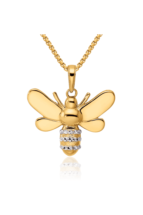 14K Solid Two Tone Yellow White Gold Queen Bumble Bee Necklace Honeybee Pendant Beekeeper Charm