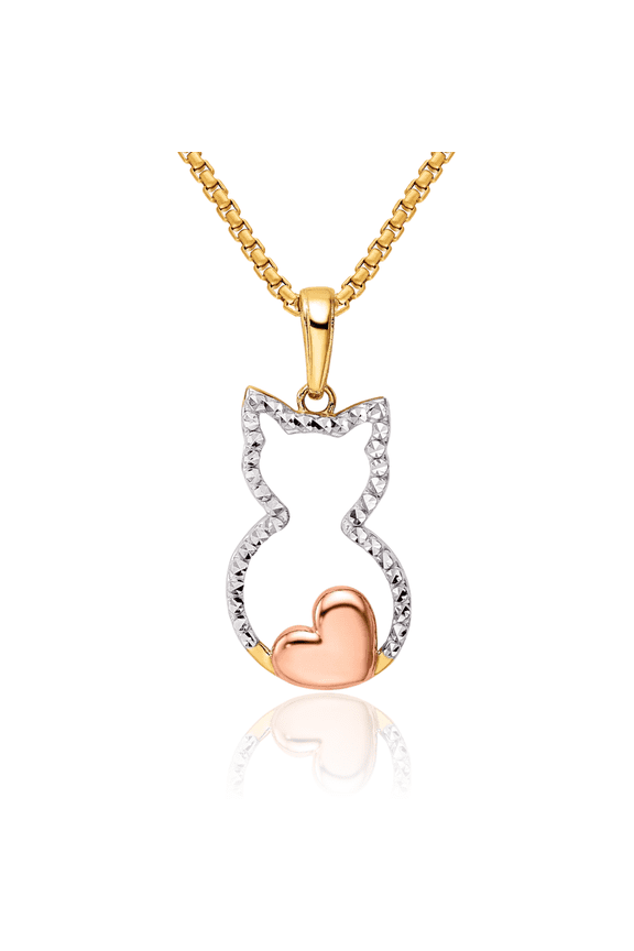 14K Solid Two Tone Yellow White Gold Rose Cat Heart Necklace Love Pendant Charm