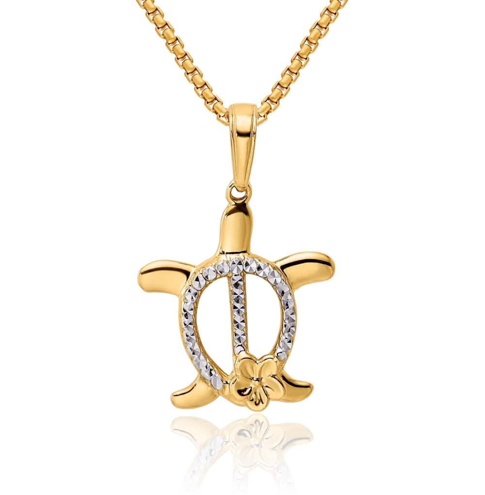Turtle Chain 14K Solid Two Tone Yellow White Gold Sea Turtle Flower Necklace Chain ...