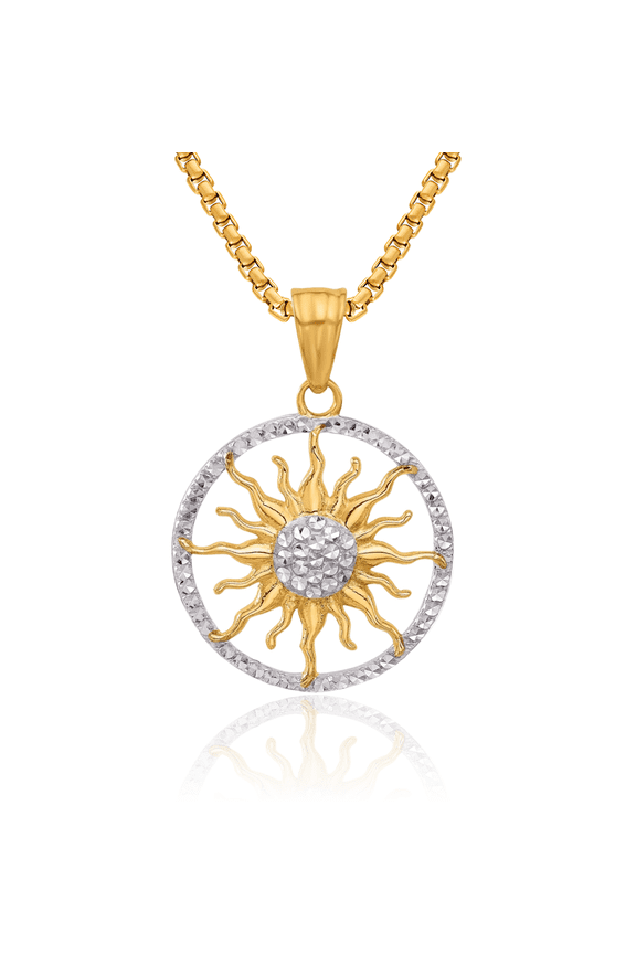 14K Solid Two Tone Yellow White Gold Sun Necklace Sunshine Pendant Sunburst Charm Celestial Jewelry