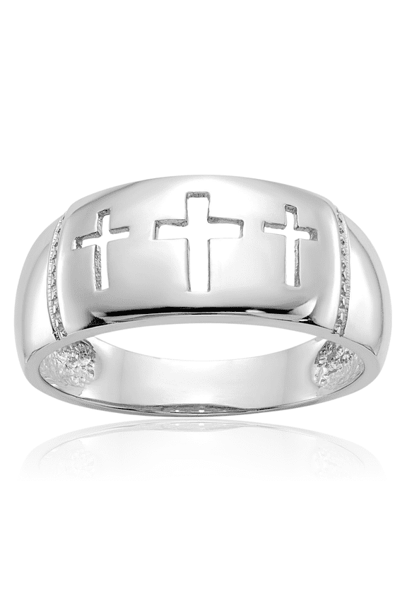 14K Solid White Gold 4mm Classic Three Cross Band Ring - Polished Women's