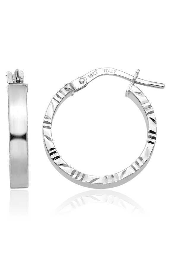 14K White Gold Medium Round Hoop Earrings - 20mm 3/4 inch - Lightweight, Snap Back, Diamond Cut Women's