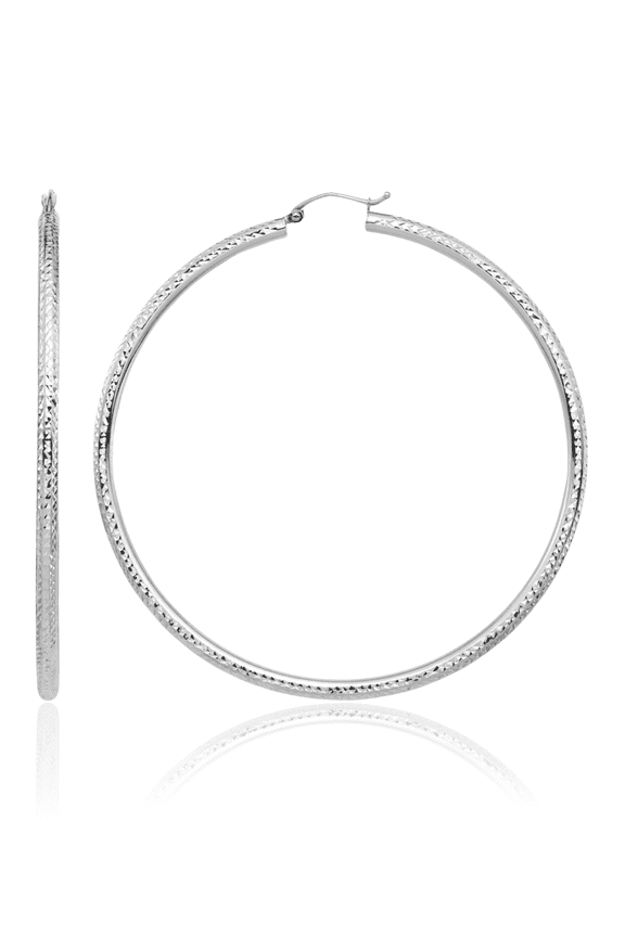 14K Solid White Gold 3mm Round Extra Large Hoop Earrings