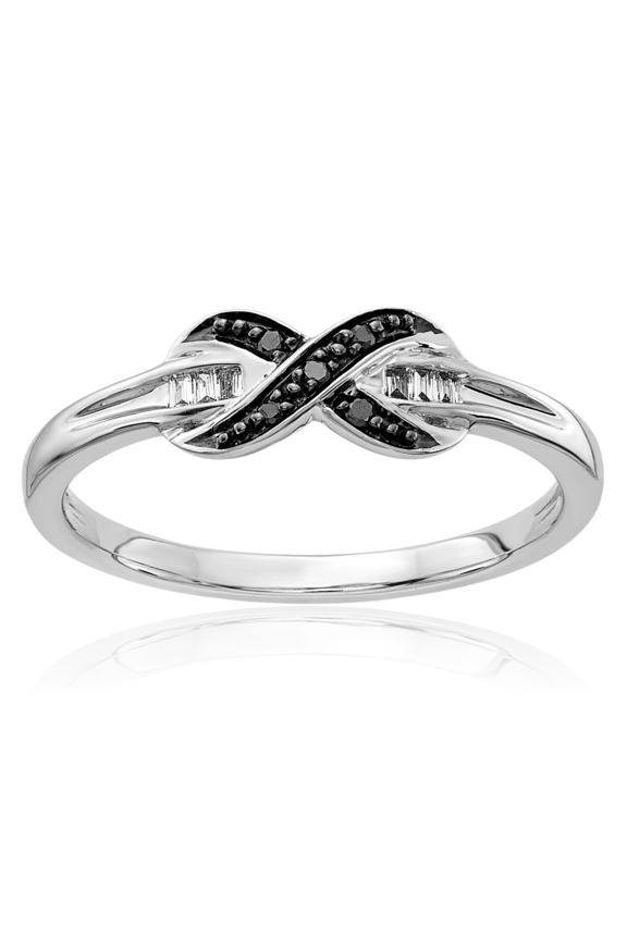 14K Solid White Gold 0.06 carat Black Diamond Twisted Crisscross Promise Ring - 2mm Slim Band - Round Cut, Natural, Prong Set Women's