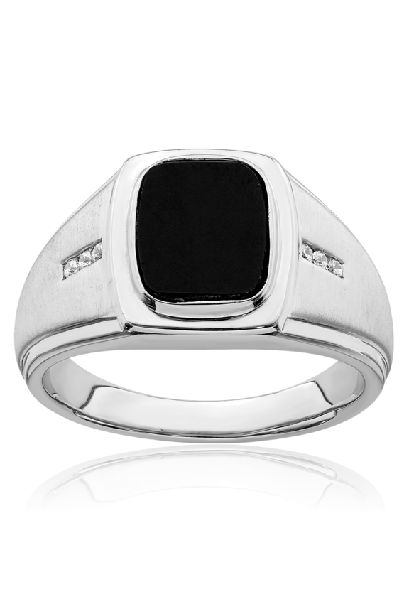 14K Solid White Gold 3.50 carat Black Onyx Diamond Square Signet Ring - 3.04mm Slim Band - Prong Set, Satin Men's