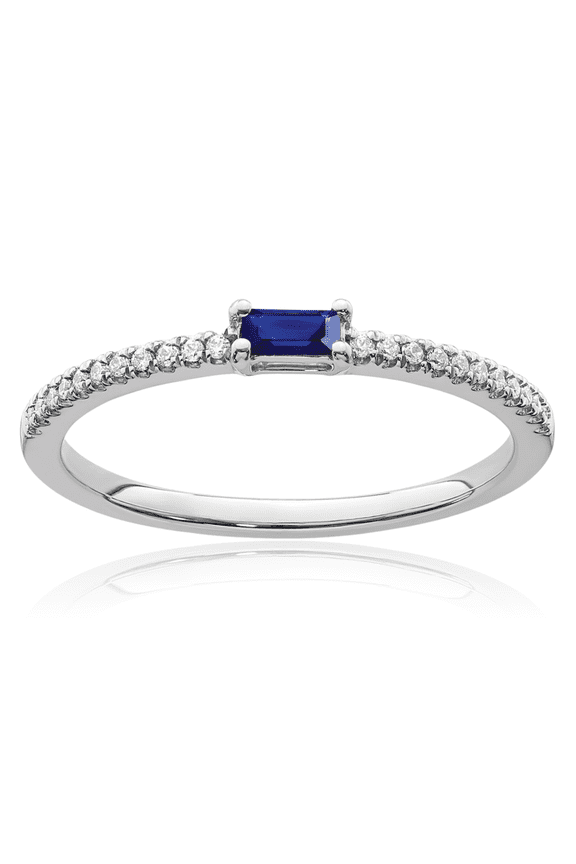 14K Solid White Gold 0.09 carat Blue Sapphire Diamond Stackable Ring - 1.5mm Slim Band - Baguette Cut, Natural, Prong Set Women's