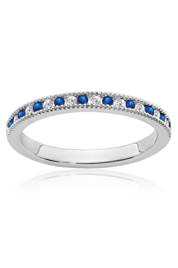 14K Solid White Gold 0.24 carat Blue Sapphire Diamond Stackable Eternity Anniversary Ring - 2.4mm Slim Band - Round Cut, Natural, Prong Set Women's