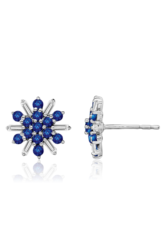 14K Solid White Gold 0.56 carat Blue Sapphire Diamond Large Cluster Stud Earrings - 10.75mm 3/8 inch - Round Cut, Natural, Prong Set, Butterfly Back Women's