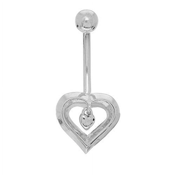 JewelStop 14k Solid White Gold Dangle Heart Belly Button Navel Ring Body Jewelry, 1.5gr.
