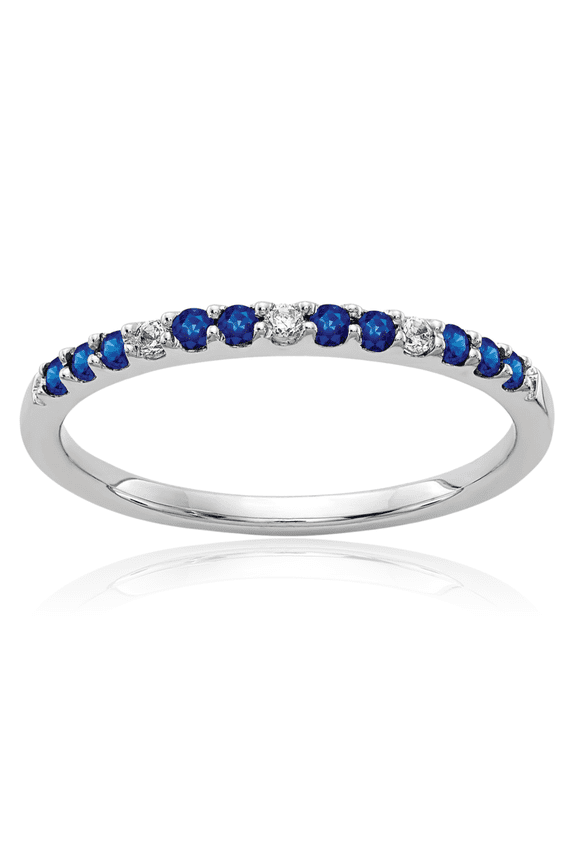 14K Solid White Gold 0.15 carat Blue Sapphire Diamond Stackable Anniversary Eternity Ring - 2mm Slim Band - Round Cut, Natural, Prong Set Women's
