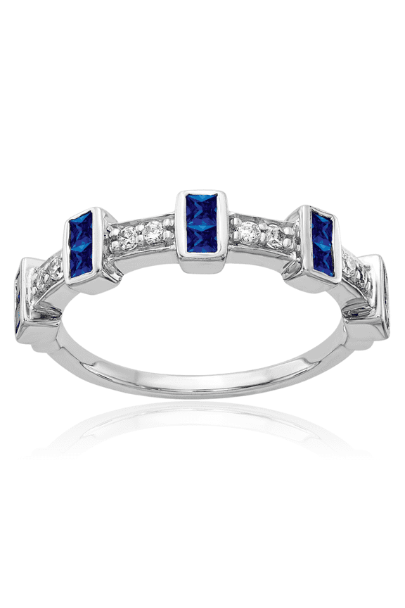14K Solid White Gold 1 carat Blue Sapphire Diamond Stackable Anniversary Eternity Ring - 2mm Slim Band - Princess Cut, Natural, Prong Set Women's