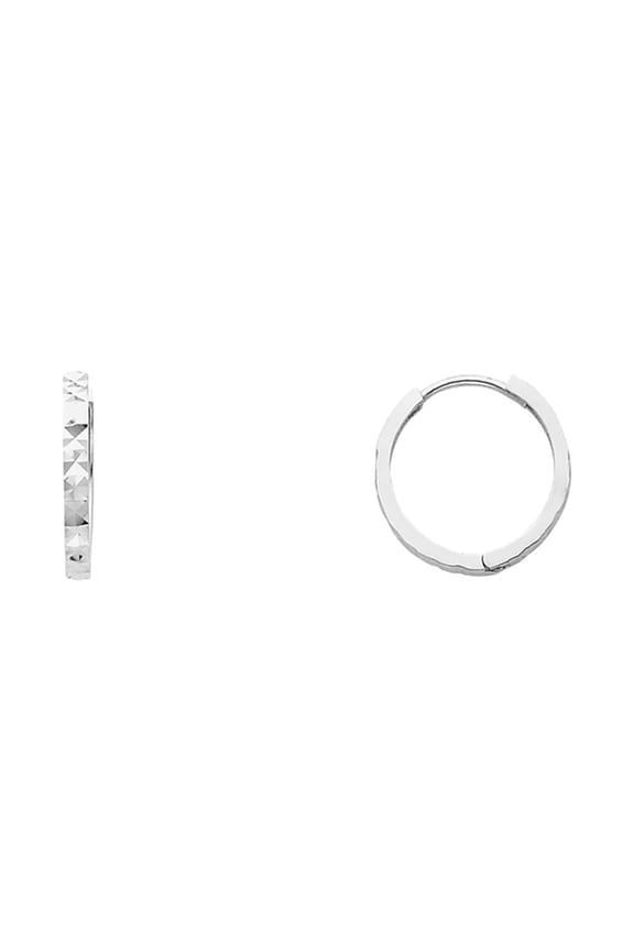 14K Solid White Gold Diamond Cut Huggies Earrings 2 mm Wide Secured Click top Setting