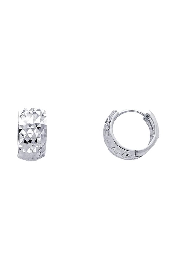 14K Solid White Gold Diamond Cut Huggies Earrings 7 mm Wide Secured Click top Setting