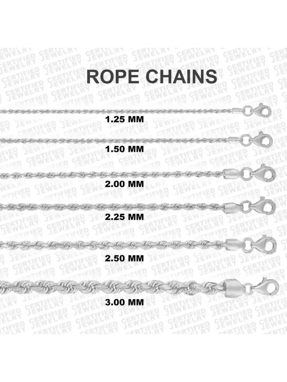 14K Solid White Gold Diamond Cut Rope Necklace, 16" - 30" Inch, 1.25 MM - 3 MM