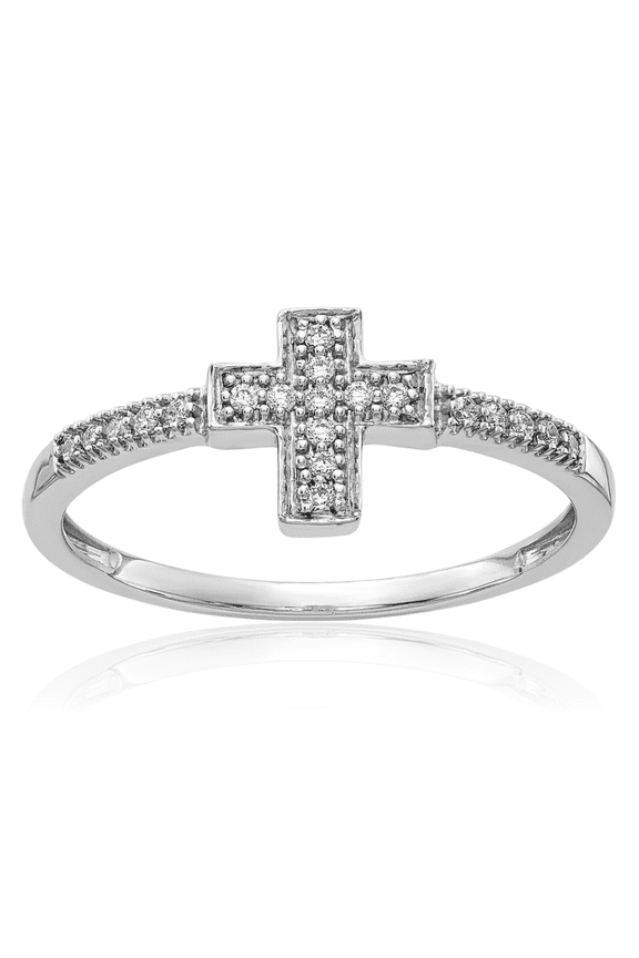 14K Solid White Gold 0.10 carat Diamond Cross Stackable Ring - 2mm Slim Band - Round Cut, Natural, Prong Set Women's
