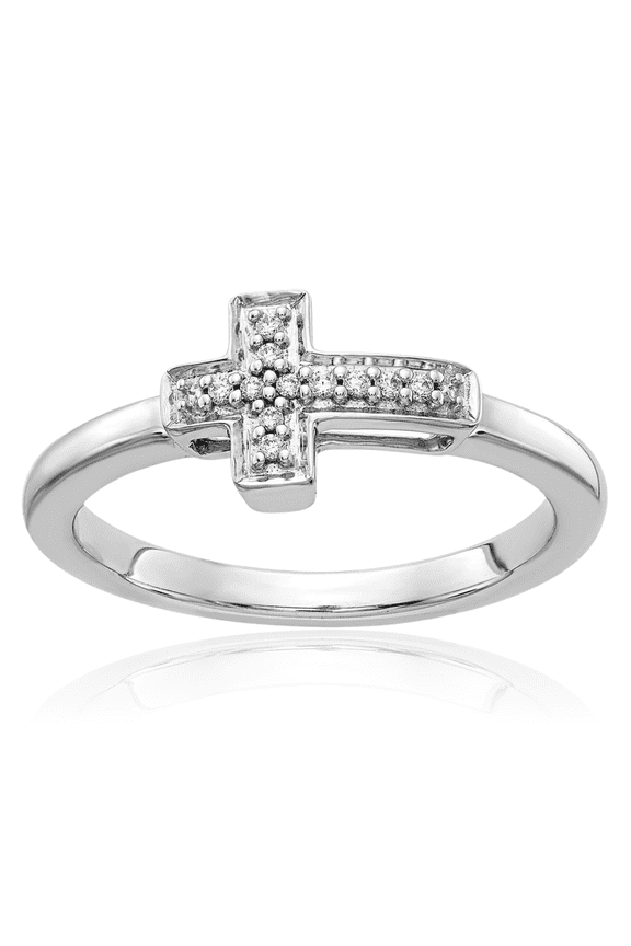 14K Solid White Gold Diamond Holy Cross Ring Christian Religious Band
