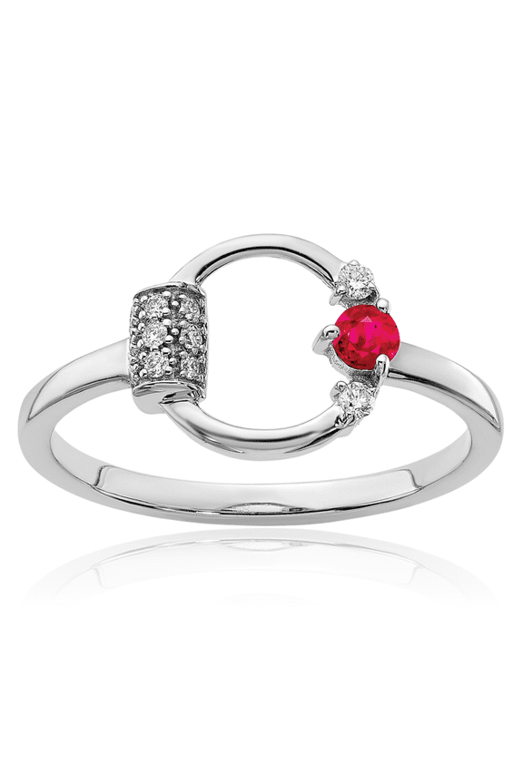 14K Solid White Gold 0.09 carat Red Ruby Diamond Open Circle Ring - Round Cut, Natural, Prong Set Women's
