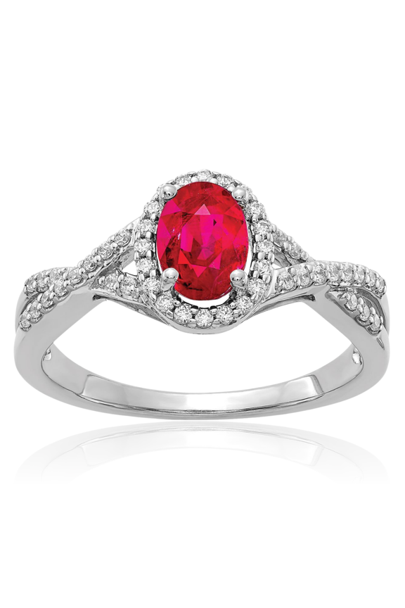 14K Solid White Gold 1 carat Red Ruby Diamond Halo Engagement Anniversary Ring - 2mm Slim Band - Oval Cut, Natural, Prong Set Women's