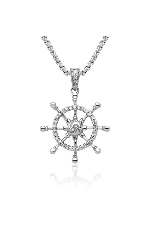 14K Solid White Gold Diamond Ship Wheel Necklace Chain Pendant Charm
