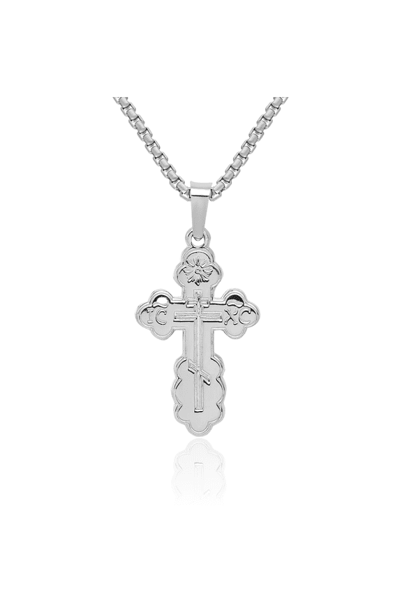 14K Solid White Gold Eastern Russian Orthodox Holy Cross Necklace Religious Chain Pendant Jesus Christ Charm