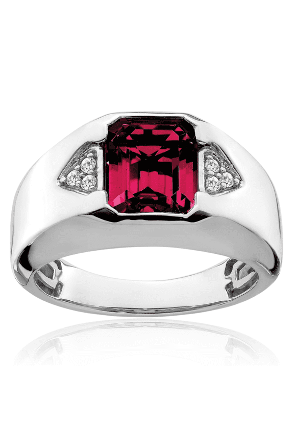 14K Solid White Gold Emerald-Cut Lab Red Ruby Diamond Mens Ring July Birthstone Jewelry