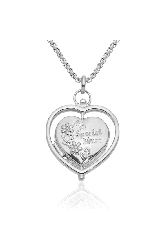 14K Solid White Gold Flower Special Mum Reversible Heart Personalized Photo Locket Necklace Picture Pendant Charm