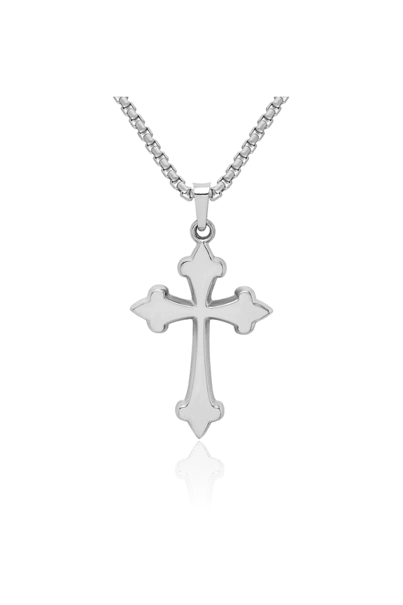 14K Solid White Gold French Fleur De Lis Lily Flower Holy Cross Necklace Religious Chain Pendant Jesus Christ Charm