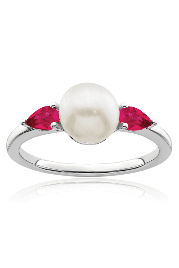 14K Solid White Gold 0.60 carat Red Ruby Pearl Statement Fashion Ring - 1.75mm Slim Band - Pear Cut, Natural, Prong Set Women's