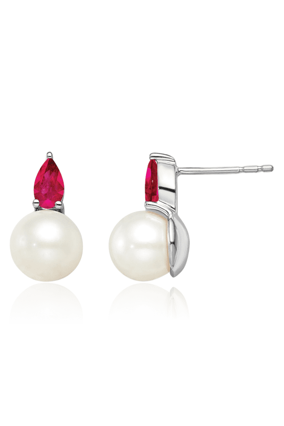 14K Solid White Gold 0.60 carat Red Ruby Pearl Extra Large Teardrop Stud Earrings - Pear Cut, Natural, Prong Set, Friction Back Women's