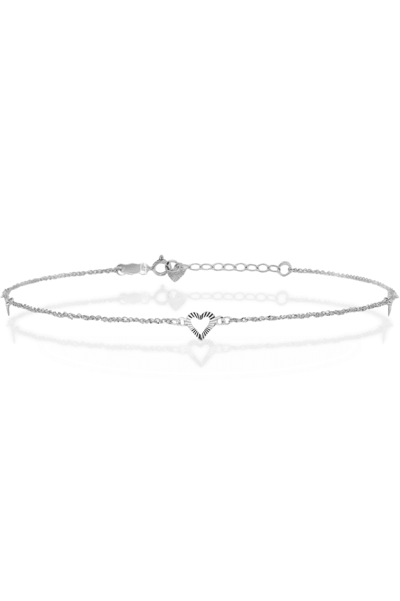 14K Solid White Gold 1.5mm Thin Rope Chain Heart Bracelet Anklet - 9 Plus 1 inch - Diamond Cut Women's