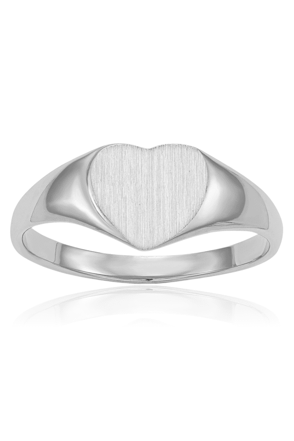 14K Solid White Gold Heart Custom Engraved Signet Ring - 2mm Slim Band - Polished, Satin, Engravable Women's