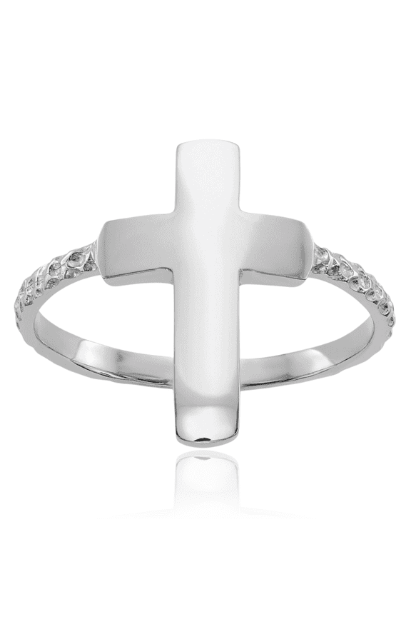 14K Solid White Gold Holy Cross Ring Christian Religious Band