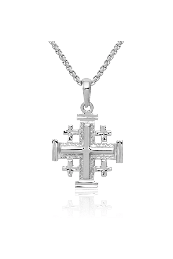 14K Solid White Gold Jerusalem Crusader Holy Cross Necklace Religious Chain Pendant Jesus Christ Charm