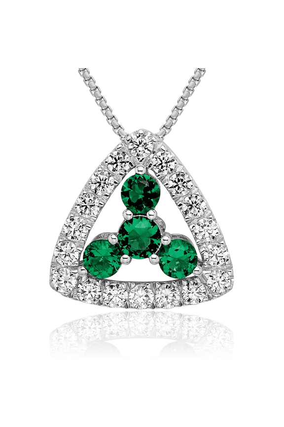 14K Solid White Gold Lab Diamond Green Emerald Triangle Pen Necklace Gemstone Pendant Charm