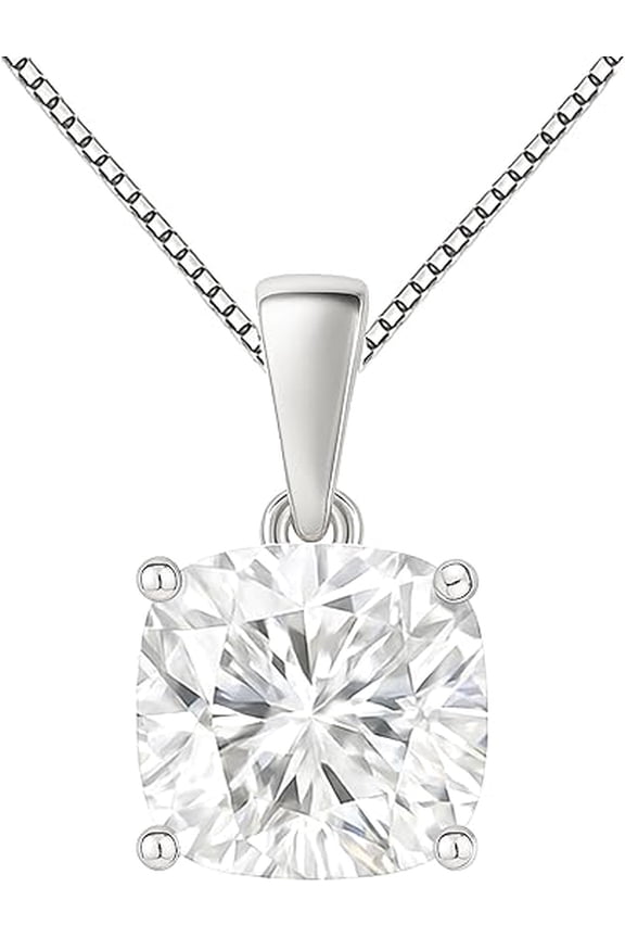 14K Solid White Gold Lab Grown Moissanite Cushion Cut Solitaire Pendant | Dangle Bail |6x6 mm 1.0 CTW | 16–18” Adjustable Box Link Chain| Luxury Jewelry Gift | Birthday, Anniversary, Mother's Day