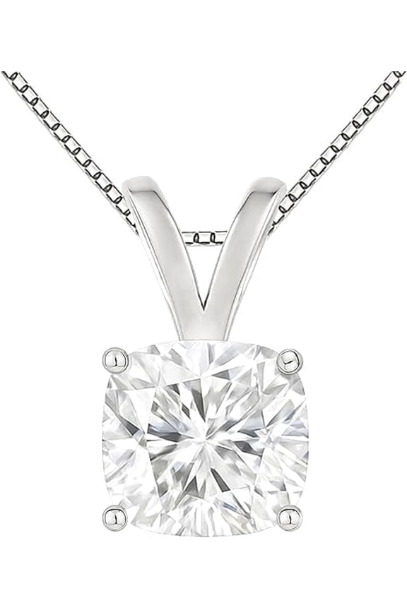 14K Solid White Gold Lab Grown Moissanite Cushion Cut Solitaire Pendant | Double Loop Bail | 5x5 mm 0.50 CTW | 16-18" Adjustable Box Link Necklace | Luxury Gift, Birthday, Anniversary, Mothers Day