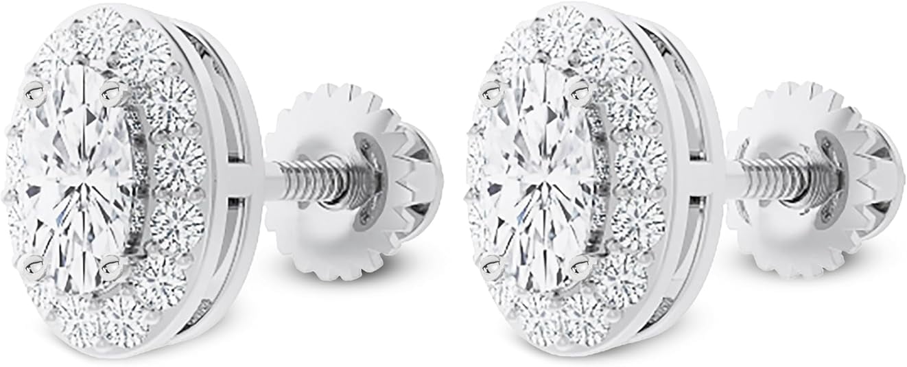 14K Solid White Gold Lab Grown Moissanite Halo Stud Earrings – Oval Shape 6x4mm (1.00 CTW) – Screw Back – Luxury Gift for Women – Birthday, Anniversary, Mother’s Day