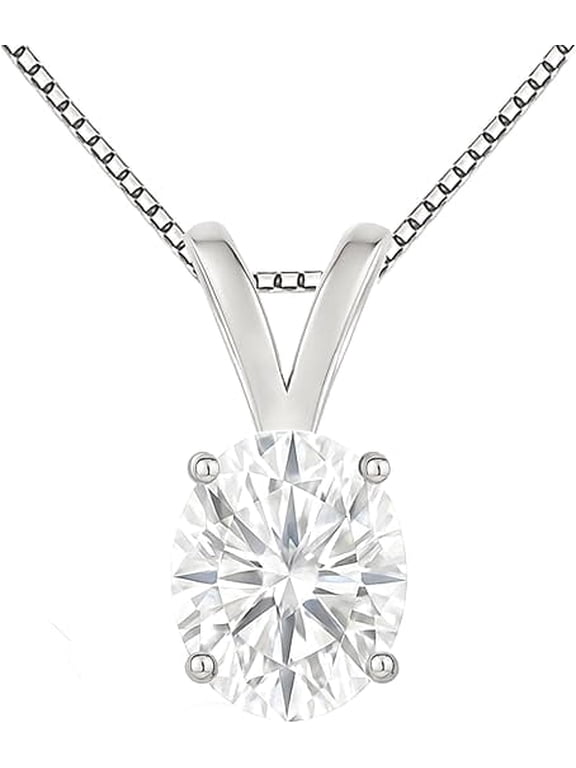 14K Solid White Gold Lab Grown Moissanite Oval Cut Solitaire Pendant | Double Loop Bail | 8x6mm 1.25 CTW | 16-18" Adjustable Box Link Necklace | Luxury Gift, Birthday, Anniversary, Mothers Day