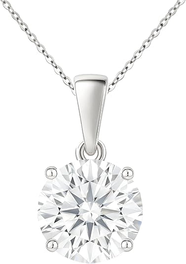 14K Solid White Gold Lab Grown Moissanite Round Cut Solitaire Pendant | Dangle Bail | 7.0mm 1.25 CTW | 16–18” Adjustable Cable Chain | Fine Jewelry Luxury Gift | Birthday, Anniversary, Mothers Day