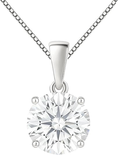 14K Solid White Gold Lab Grown Moissanite Round Cut Solitaire Pendant | Dangle Bail | 8.0mm 2.0 CTW | 16–18” Adjustable Box Link Chain| Fine Jewelry Luxury Gift | Birthday, Anniversary, Mothers Day