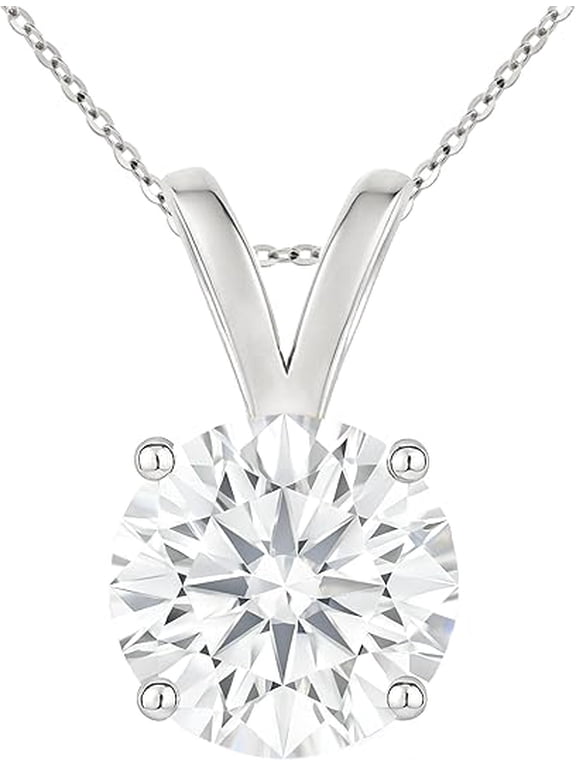 14K Solid White Gold Lab Grown Moissanite Round Cut Solitaire Pendant | Double Loop Bail | 5.0mm 0.50 CTW | 16-18" Adjustable Cable Chain Necklace | Luxury Gift, Birthday, Anniversary, Mothers Day