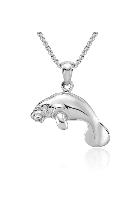 14K Solid White Gold Manatee Necklace Chain Pendant Charm