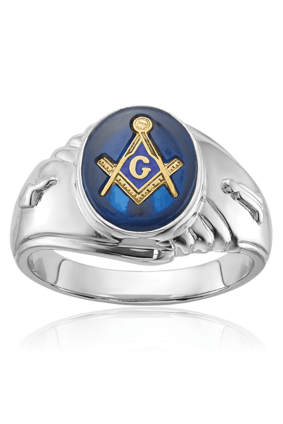 14K Solid White Gold Mens Blue Spinel Master Mason Signet Freemason Masonic Ring