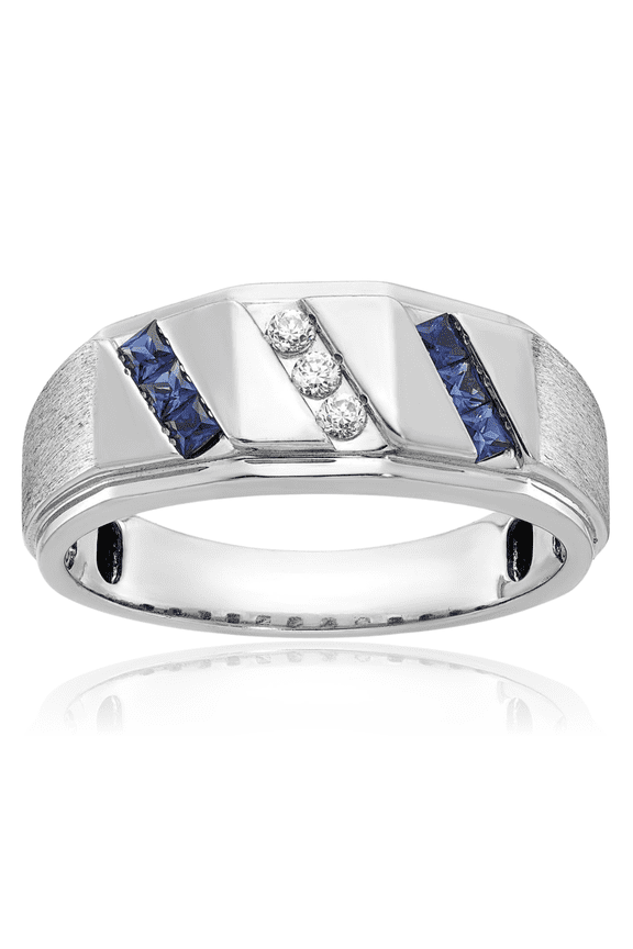 14K Solid White Gold Mens Lab Blue Sapphire Diamond Ring