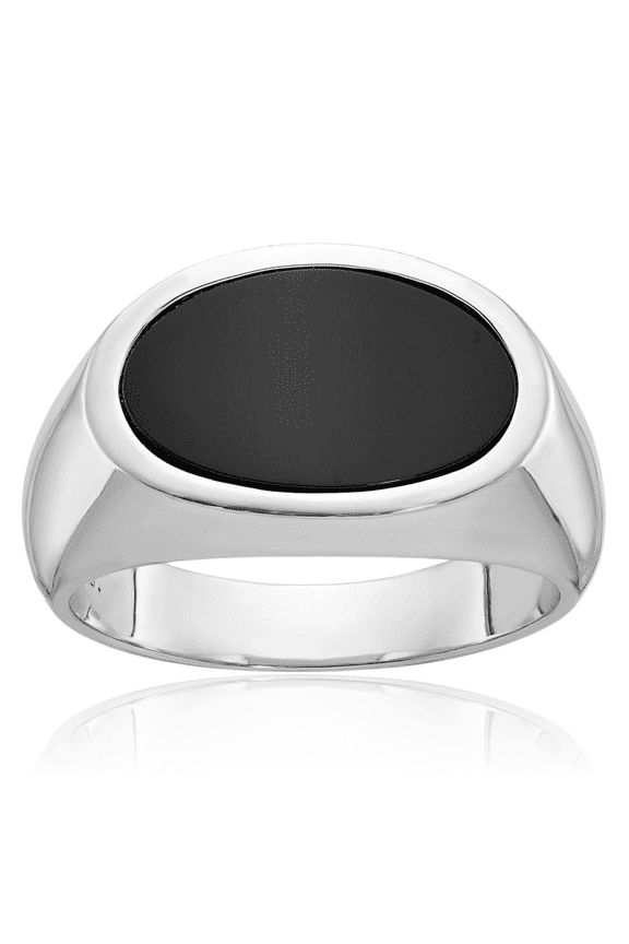 14K Solid White Gold 6.50 carat Black Onyx Oval Signet Ring - Prong Set, Polished Men's