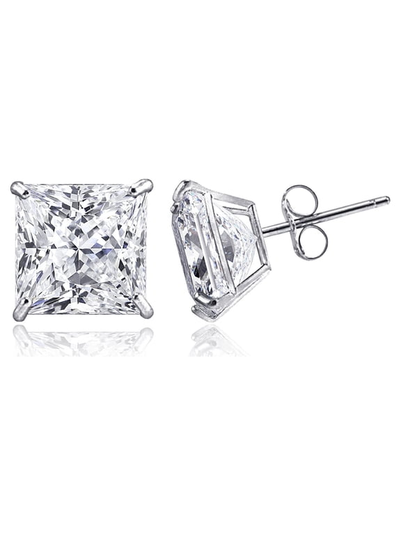 14K Solid White Gold Minimalist Square-Cut Princess CZ Stud Post Push Back Earrings