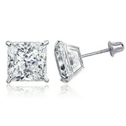 TIONEER 14K Solid White Gold Minimalist Square-Cut Princess CZ Stud Post Screw Back Earrings