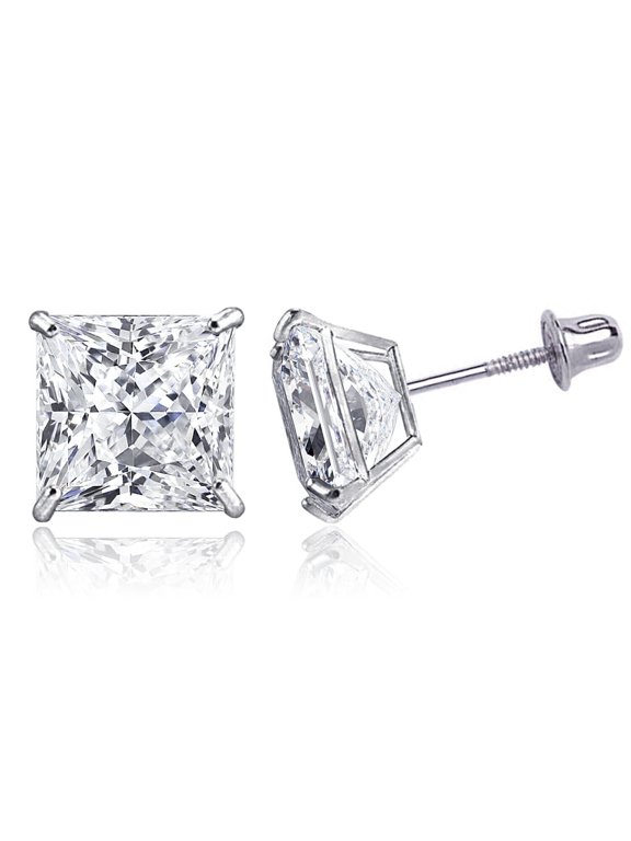 14K Solid White Gold Minimalist Square-Cut Princess CZ Stud Post Screw Back Earrings